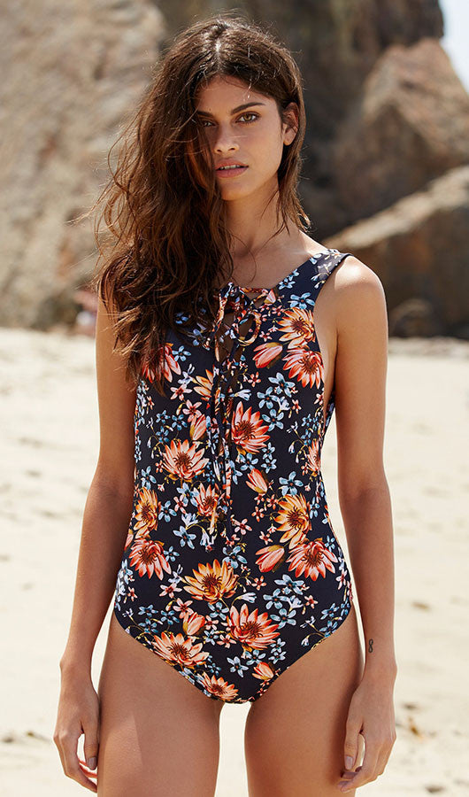 Floral Backless Lace Up Swimsuit, bikini, VIVIMARKS