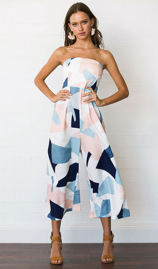 Strapless Geometric Pattern Romper, romper, VIVIMARKS