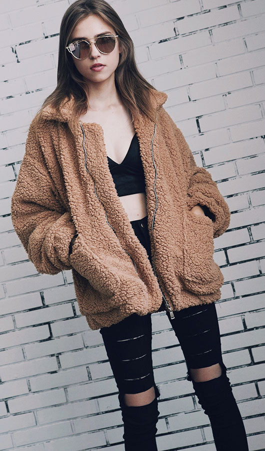 Front Zipper Woollen Coat