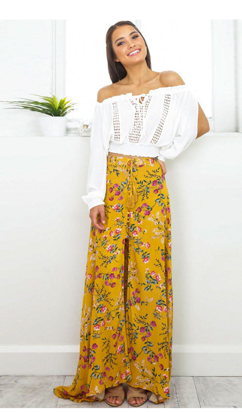 Yellow Floral Slit Skirt, skirt, VIVIMARKS