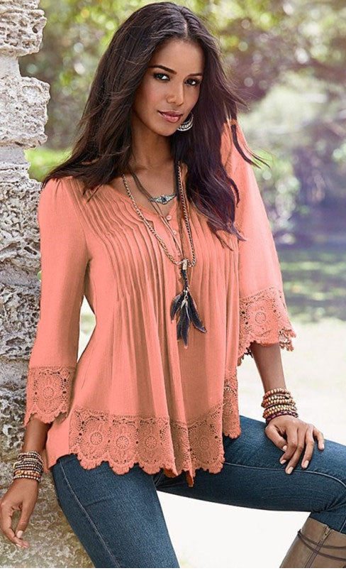 V Neck Lace Splicing Top, top, VIVIMARKS