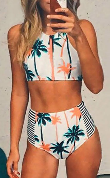 Coconut Tree Front Zipper Bikini Set, bikini, VIVIMARKS