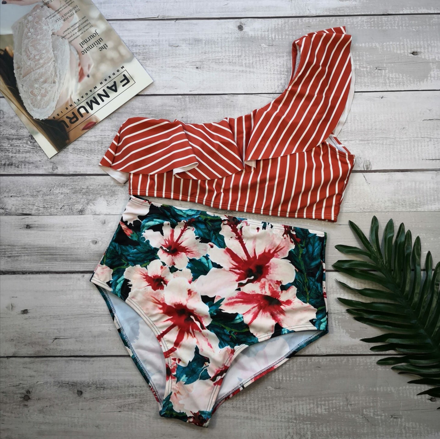 Stripe Floral One Shoulder Bikini Set
