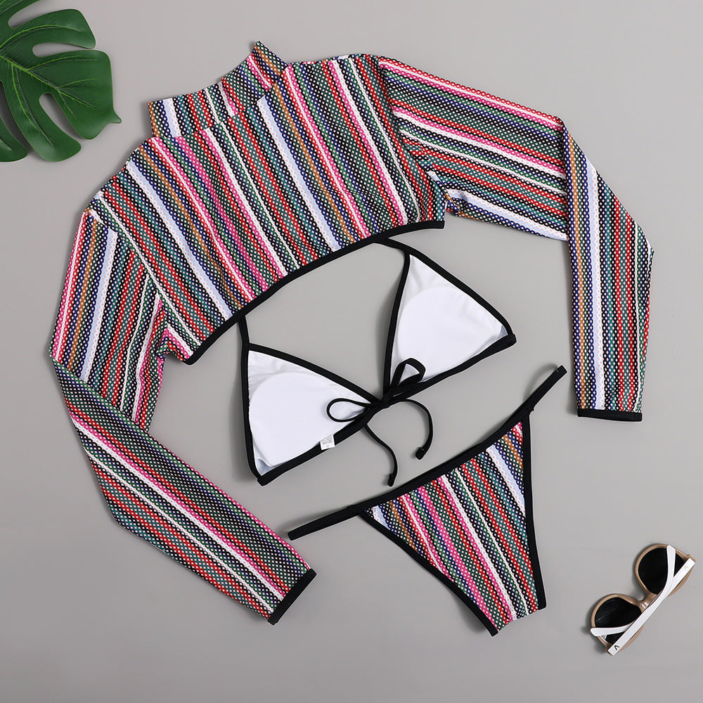 Rainbow Stripe Three Piece Bikini Set