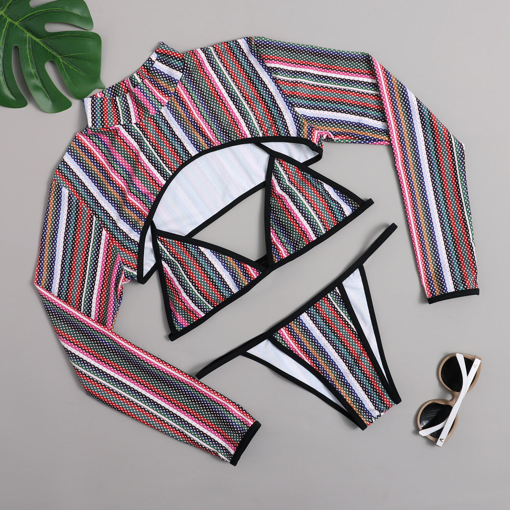 Rainbow Stripe Three Piece Bikini Set