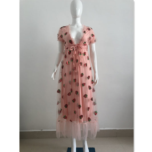 Sequins Strawberry Grenadine V Neck Dress