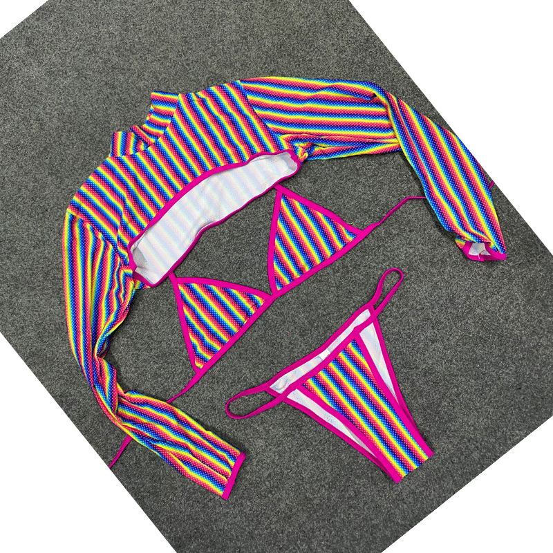 Rainbow Stripe Three Piece Bikini Set