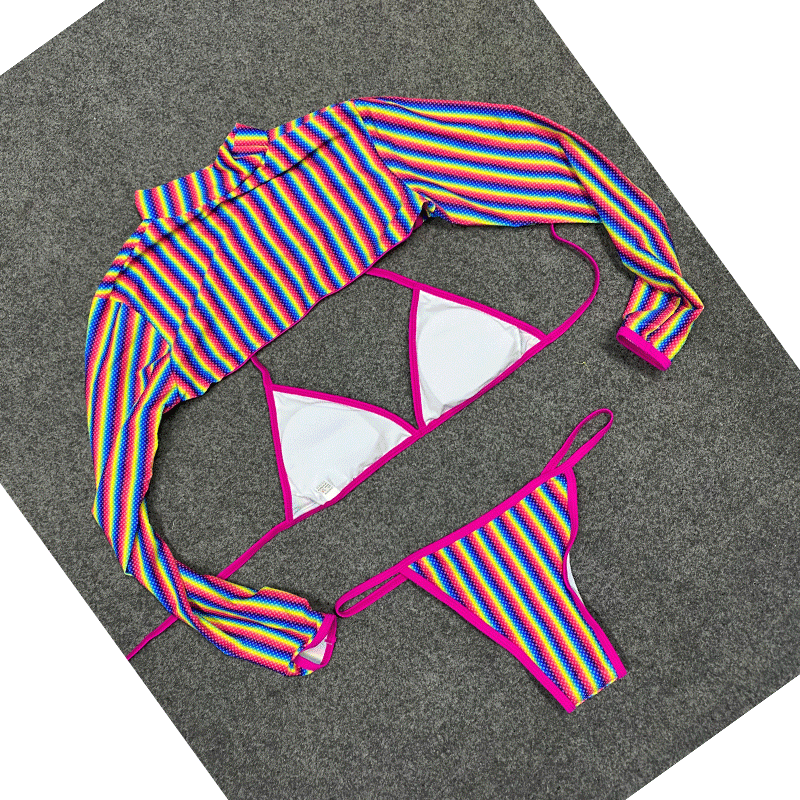 Rainbow Stripe Three Piece Bikini Set