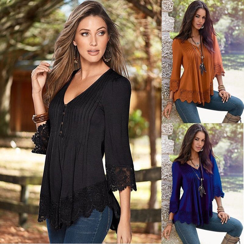 V Neck Lace Splicing Top, top, VIVIMARKS