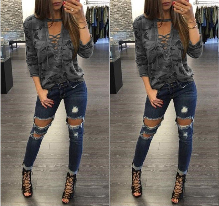 Camouflage Print Lace Up Top, top, VIVIMARKS