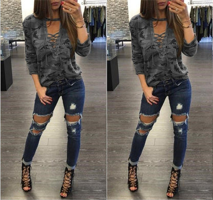 Camouflage Print Lace Up Top, top, VIVIMARKS