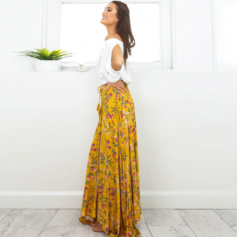 Yellow Floral Slit Skirt, skirt, VIVIMARKS