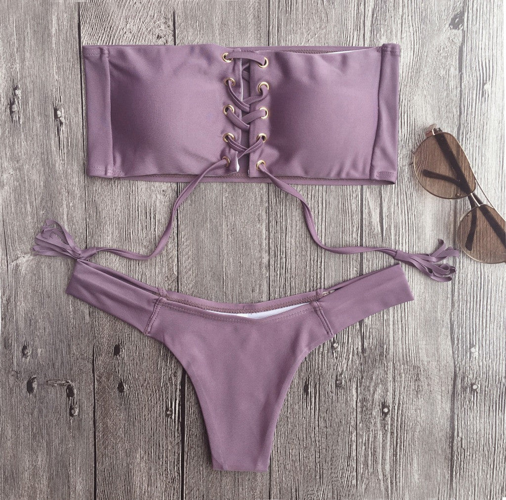 Lace Up Strapless Bikini Set, bikini, VIVIMARKS