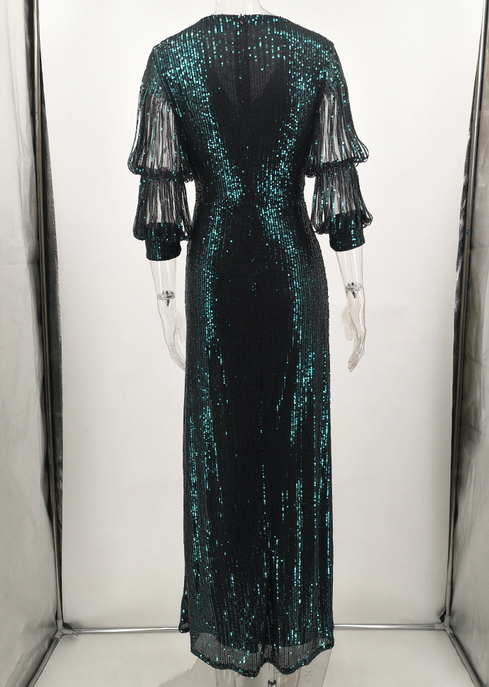 V Neck Sequins Slit Dress