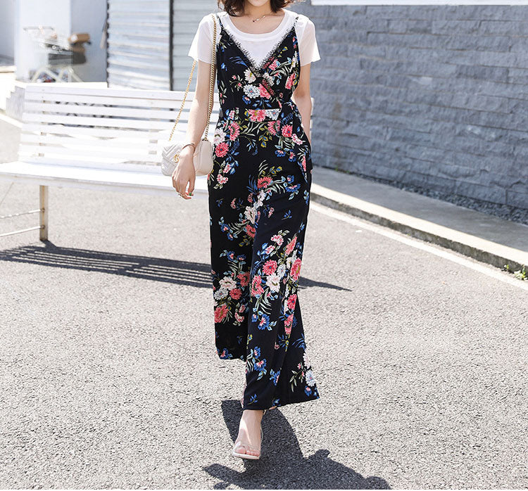 Floral Romper And T Shirt Two Pieces Set