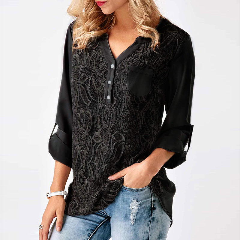 Lace V Neck Chiffon Top, top, VIVIMARKS