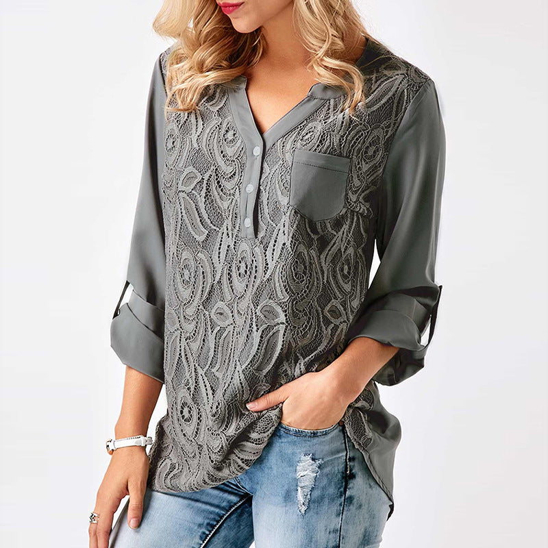 Lace V Neck Chiffon Top, top, VIVIMARKS