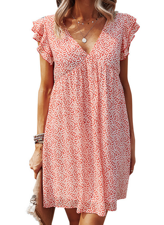 V Neck Floral Chiffon Dress