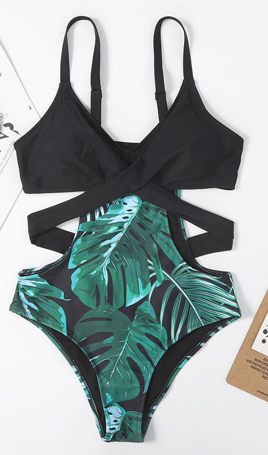 Leaves Print One Piece Swimsuit