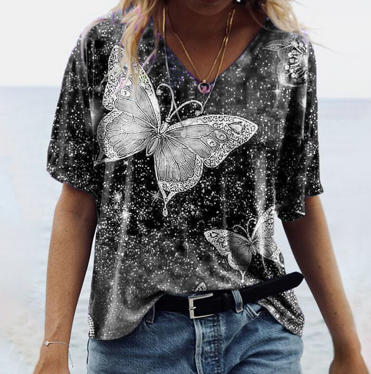 Butterfly Pattern V Neck T Shirt