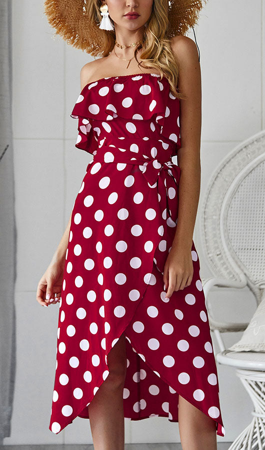 Dots Flounce Slit Dress