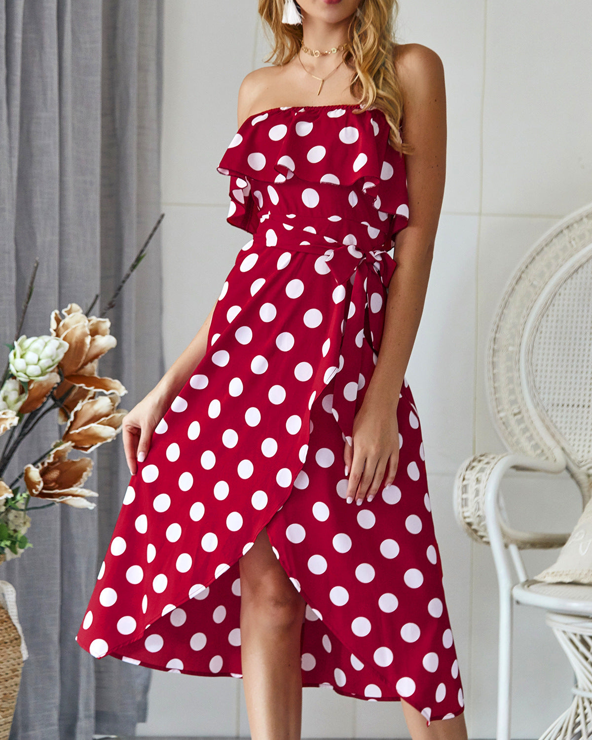 Dots Flounce Slit Dress