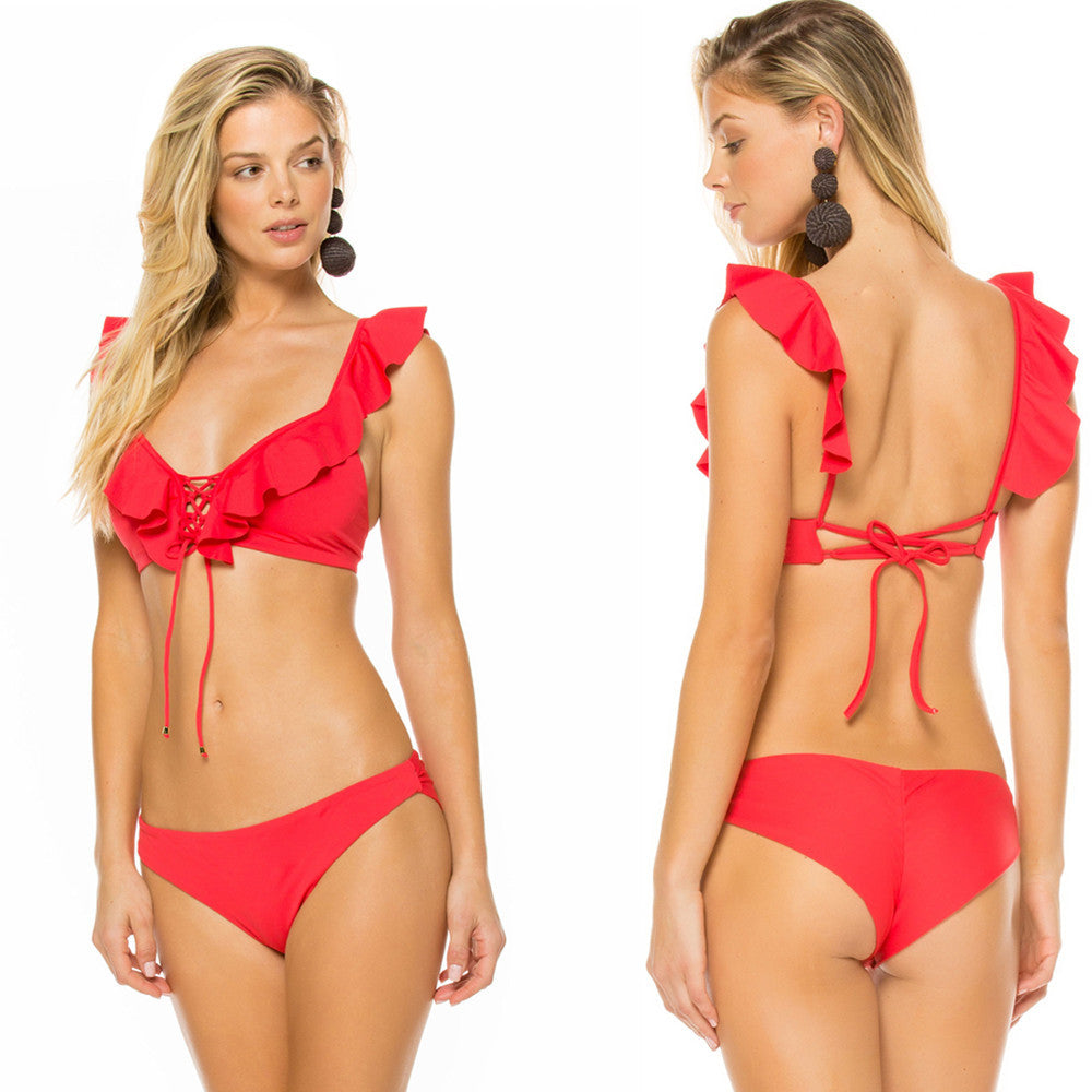 Falbala Front Lace Up Bikini Set