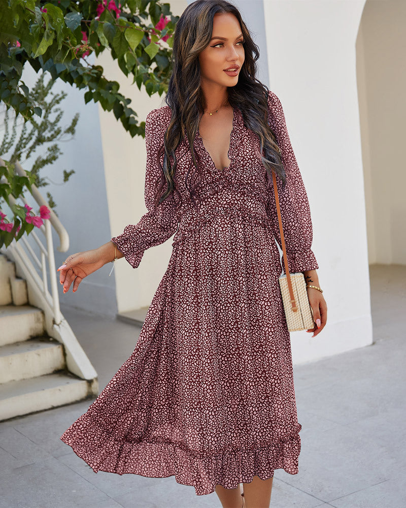 Floral Deep V Neck Chiffon Dress