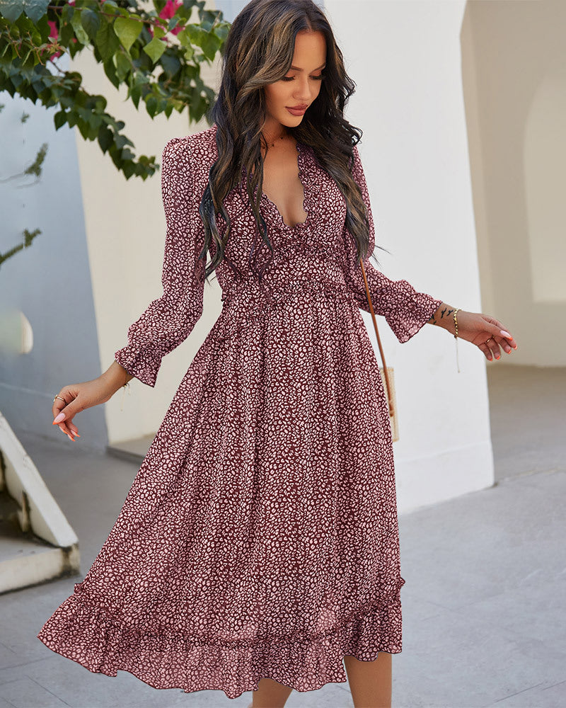 Floral Deep V Neck Chiffon Dress