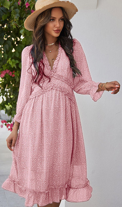 Floral Deep V Neck Chiffon Dress