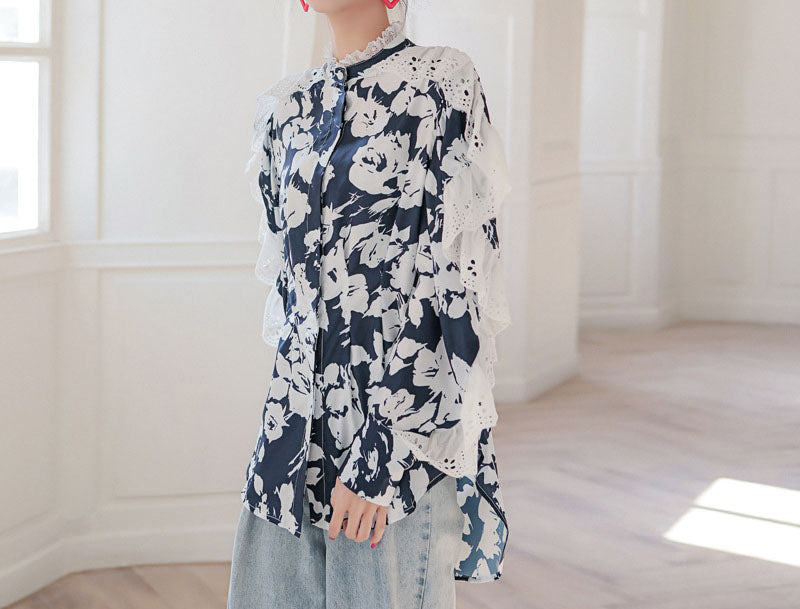 Floral Lace Splicing High Low Blouse