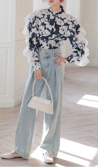 Floral Lace Splicing High Low Blouse