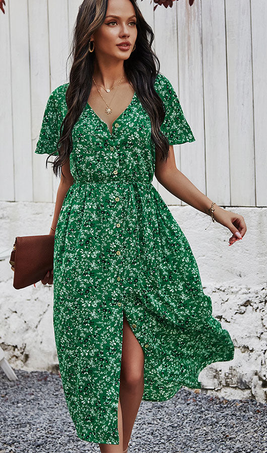 Floral V Neck Front Buttons Dress