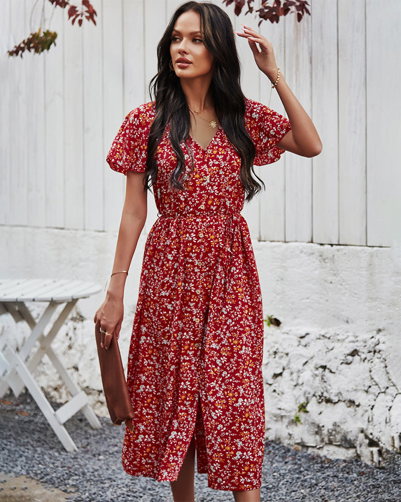 Floral V Neck Front Buttons Dress