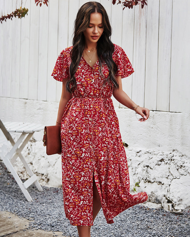 Floral V Neck Front Buttons Dress