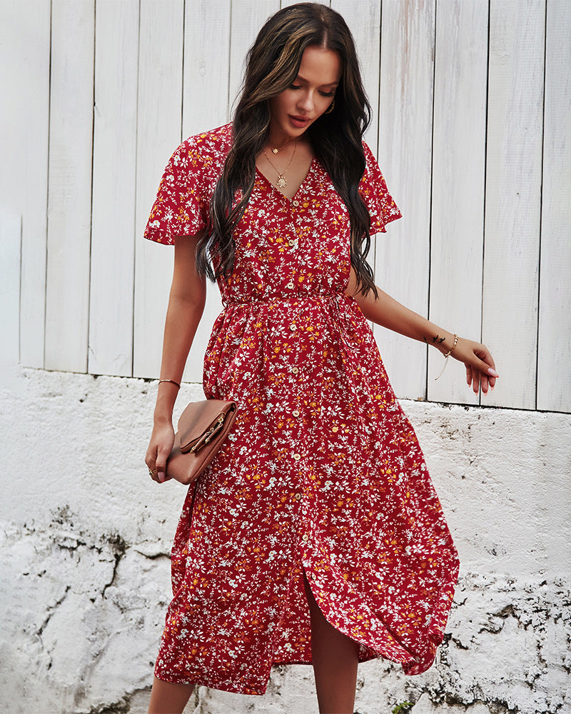 Floral V Neck Front Buttons Dress