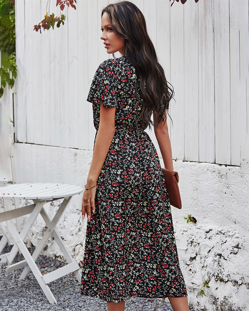 Floral V Neck Front Buttons Dress