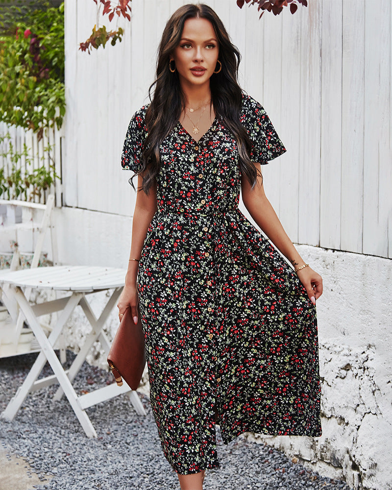 Floral V Neck Front Buttons Dress