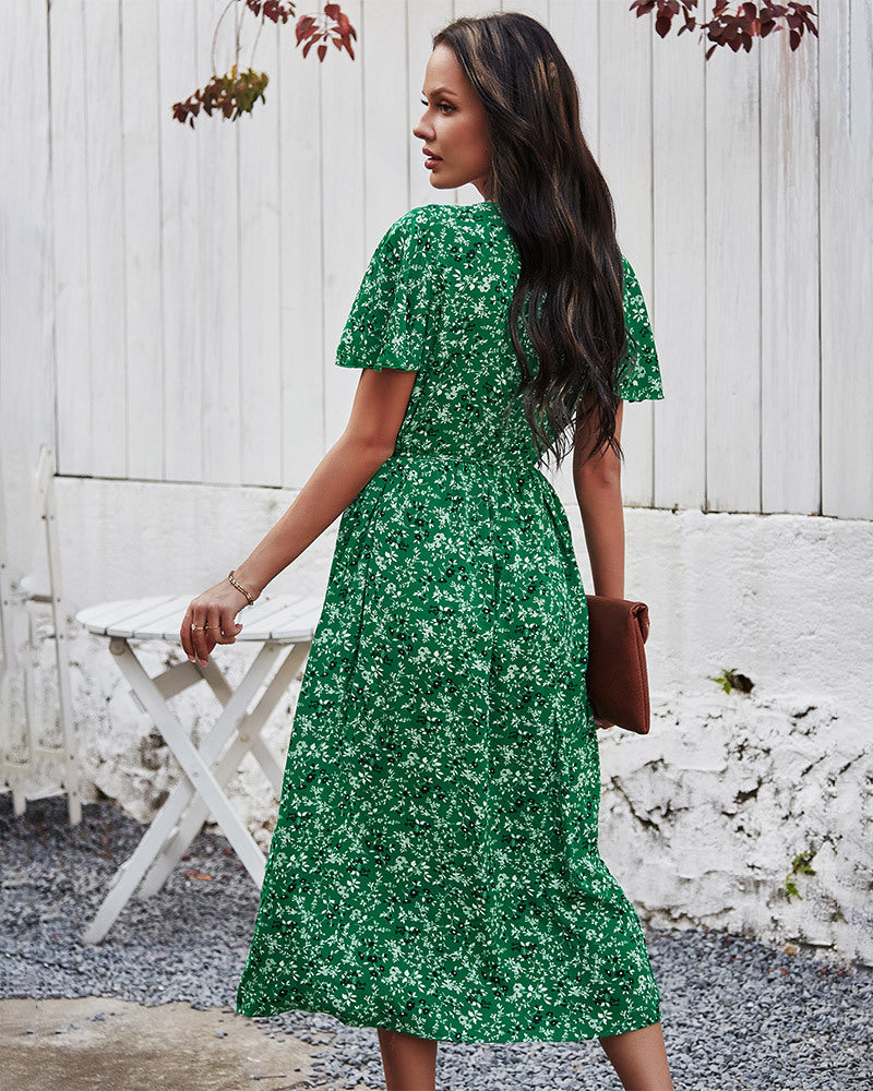 Floral V Neck Front Buttons Dress