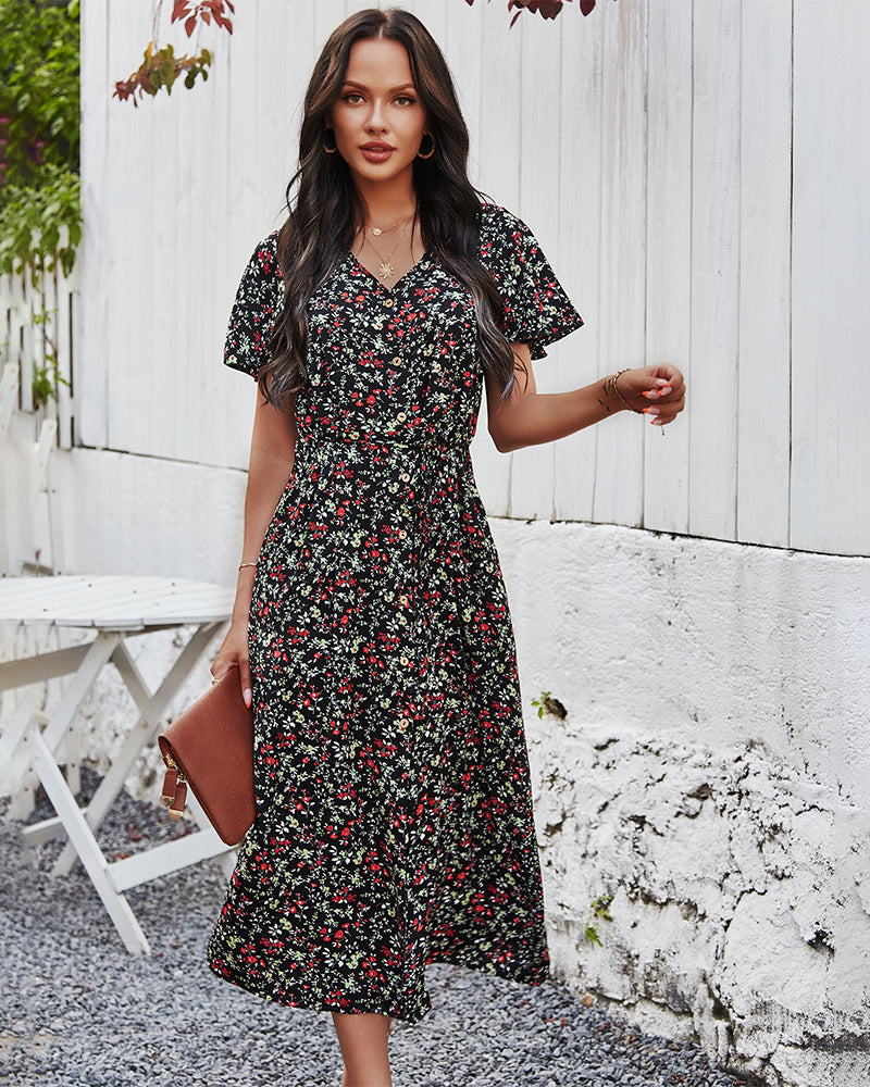 Floral V Neck Front Buttons Dress