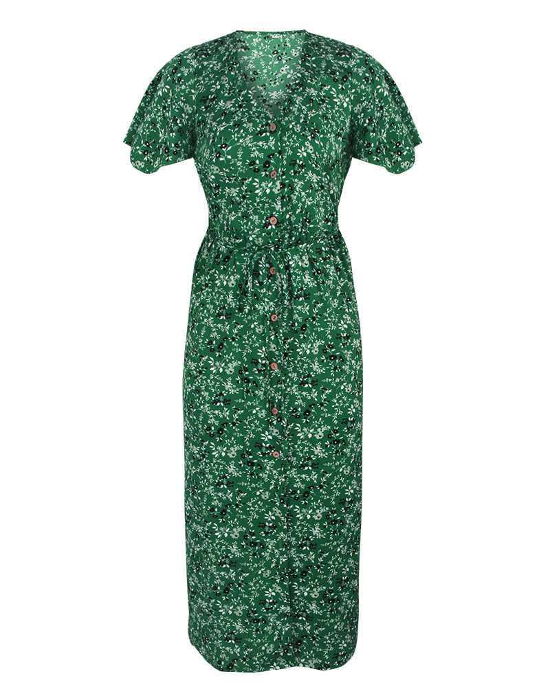 Floral V Neck Front Buttons Dress