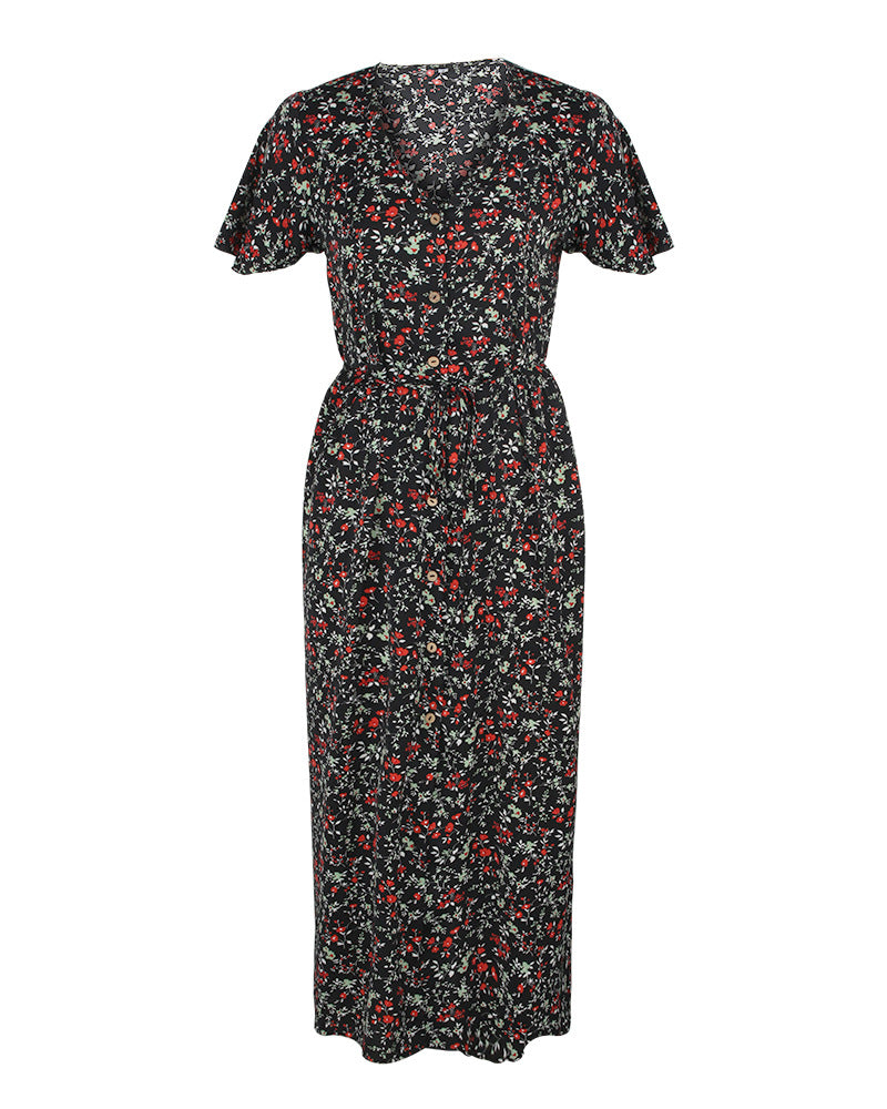 Floral V Neck Front Buttons Dress