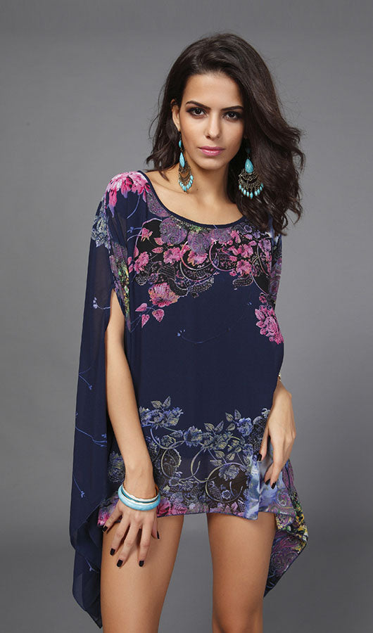 Floral Bat Sleeve Chiffon Top