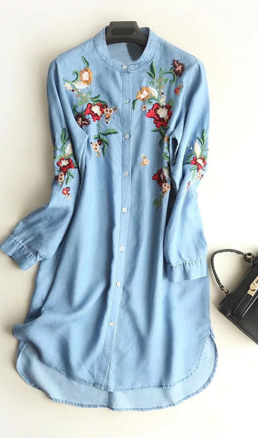 Floral Embroidery Blue Jeans Dress