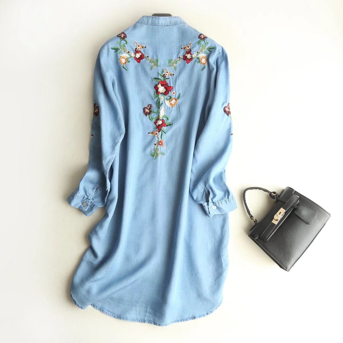Floral Embroidery Blue Jeans Dress