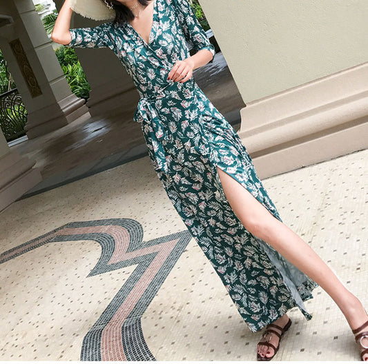 Floral Half Sleeve Maxi Slit Dress
