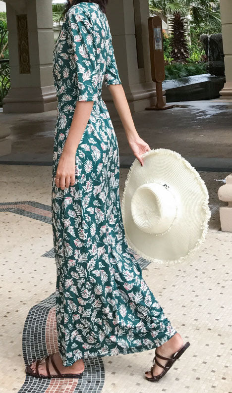 Floral Half Sleeve Maxi Slit Dress
