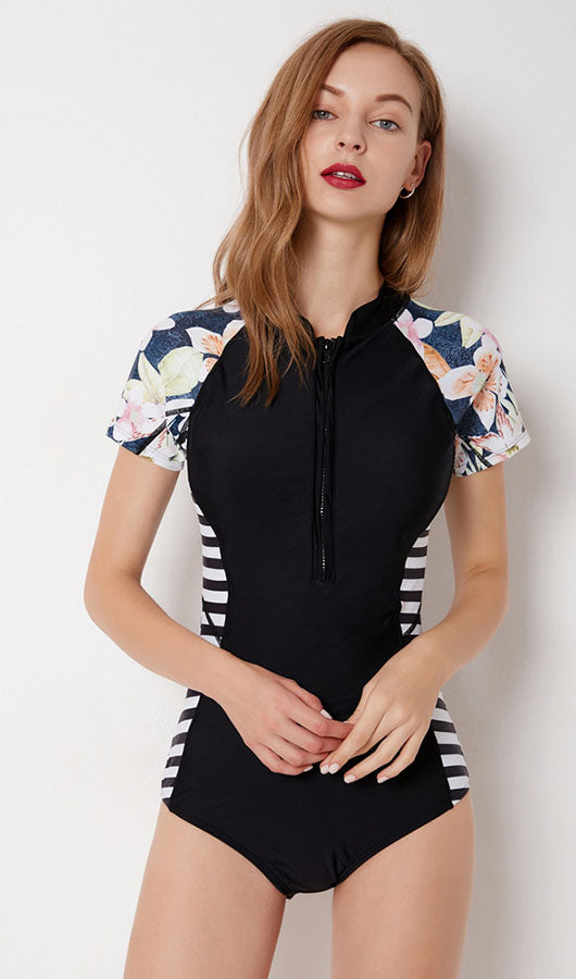 Front Zipper Black Swimsuit