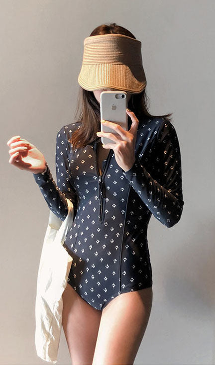 Long Sleeve Front Zipper One Piece Swimsuit