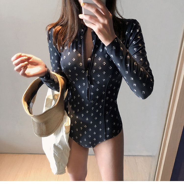 Long Sleeve Front Zipper One Piece Swimsuit